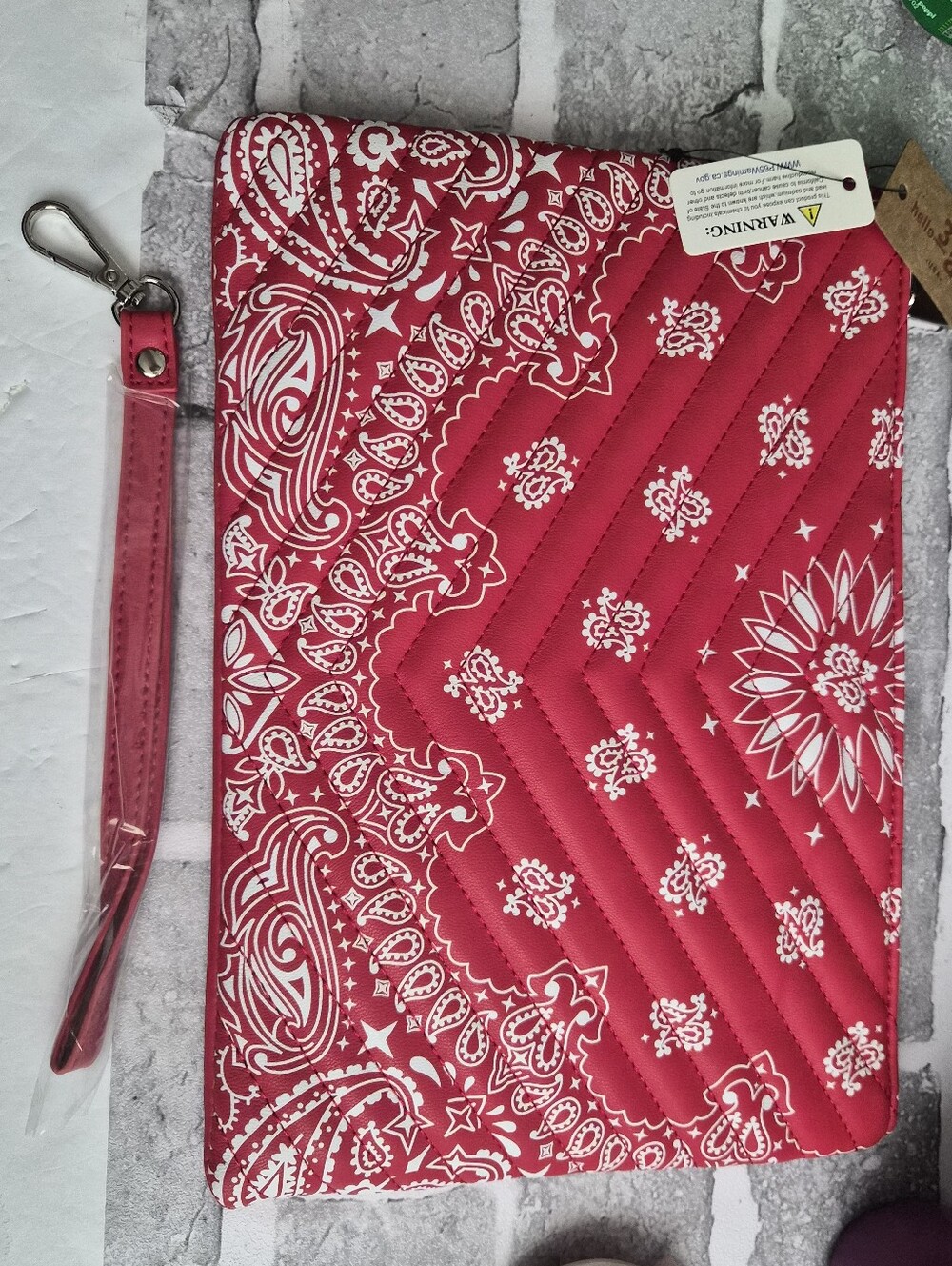 NWT Hello 3 AM Red Quilted Bandana Print Cosmetic Bag with Wrist Strap